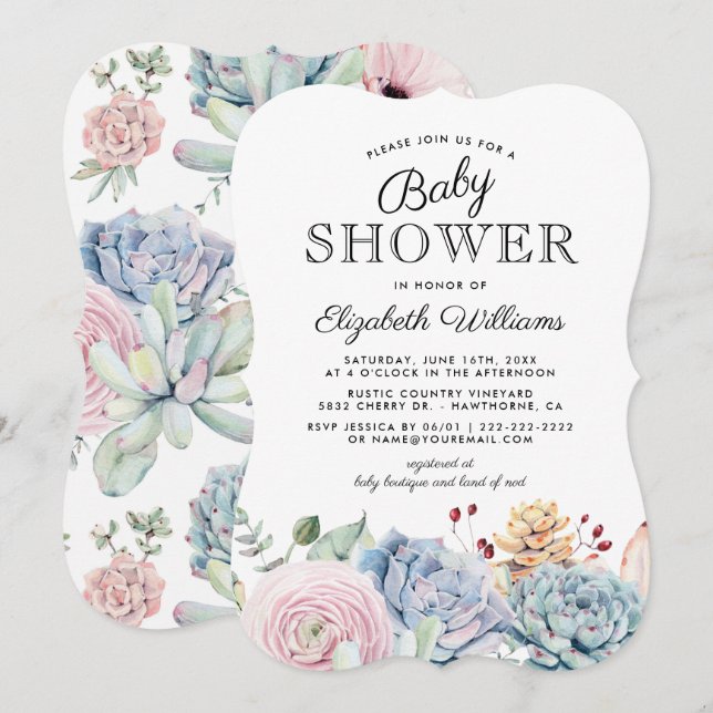 Vintage Succulent Floral Baby Shower Invitation (Front/Back)