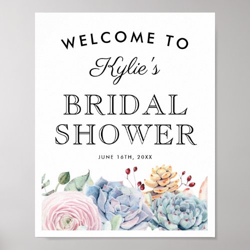 Vintage Succulent Floral Bridal Shower Welcome Poster - Elegant wedding bridal shower welcome poster featuring a classic white background, a watercolor display of pastel flowers & succulents, and a stylish bridal party template that is easy to personalize.