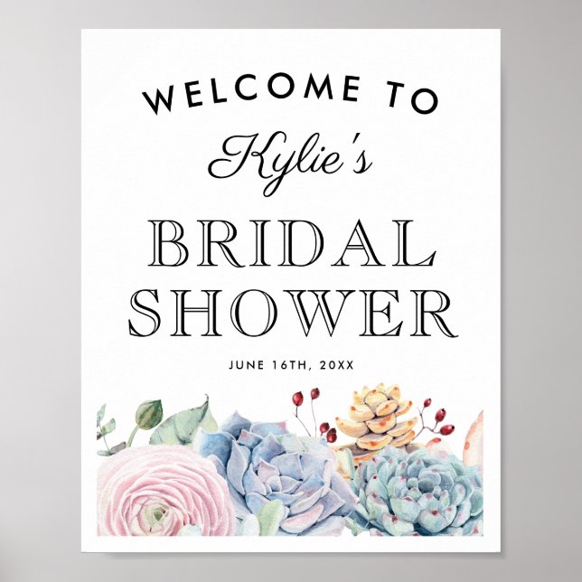 Vintage Succulent Floral Bridal Shower Welcome Poster (Front)