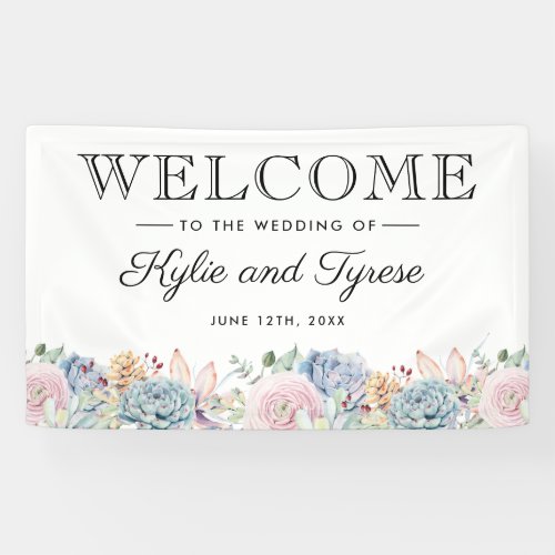 Vintage Succulent Floral Watercolor Wedding Banner - Elegant floral wedding welcome banner featuring a classic white background, a watercolor display of pastel flowers & succulents, and a stylish wedding template that is easy to personalize.
