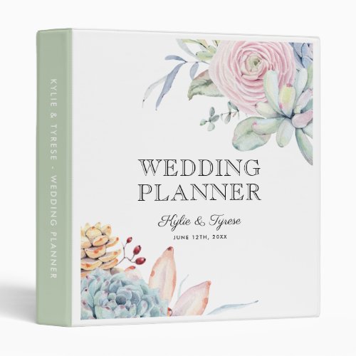 Vintage Succulent Floral Wedding Planner 3 Ring Binder - Elegant wedding planner binder featuring a watercolor display of pastel flowers & succulents, and a stylish text template that is easy to customize. A unique and personalized folder for organizing your special day!