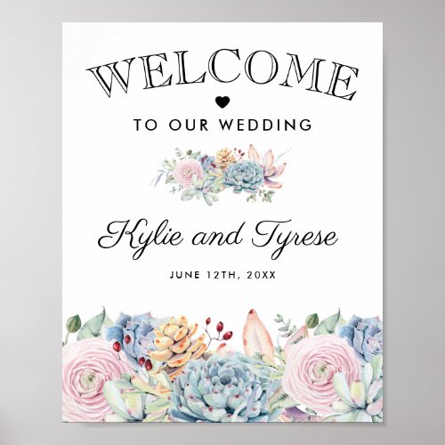 Vintage Succulent Floral Welcome Wedding Poster - Elegant floral welcome wedding poster featuring a classic white background, a watercolor display of pastel flowers & succulents, and a stylish wedding template that is easy to personalize.