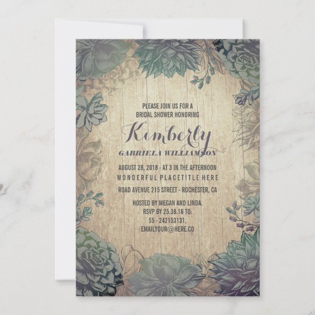Vintage Succulents Rustic Bridal Shower Invitation (Front)