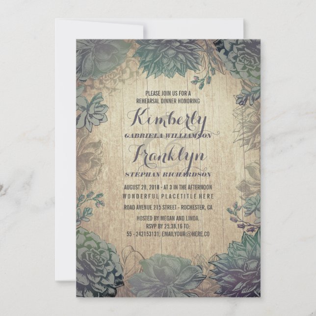 Vintage Succulents Rustic Rehearsal Dinner Invitation (Front)
