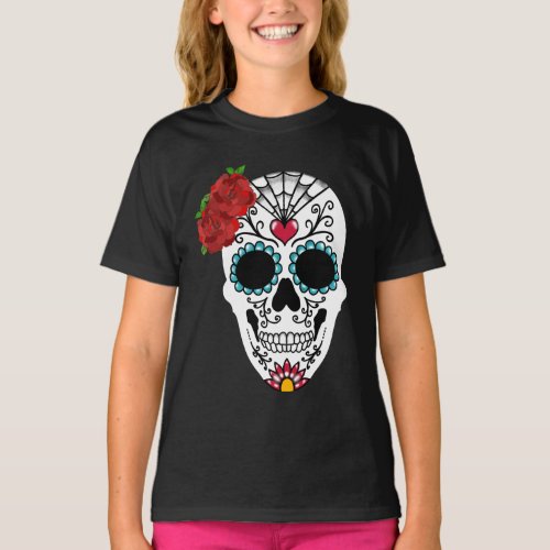 Vintage Sugar Skull Red Roses T_Shirt
