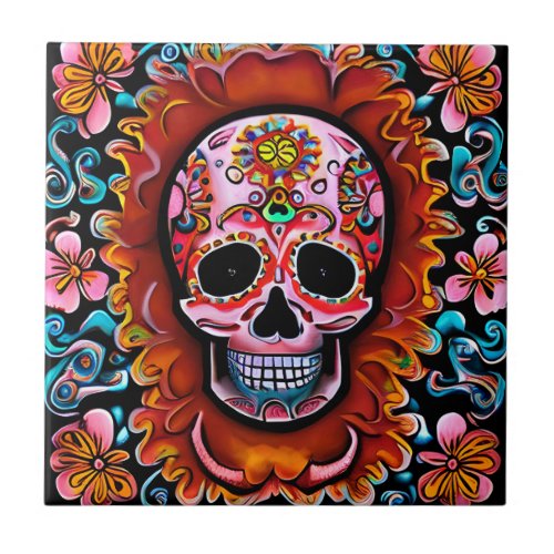 Vintage Sugar Skull Retro Day of the Dead Ceramic Tile