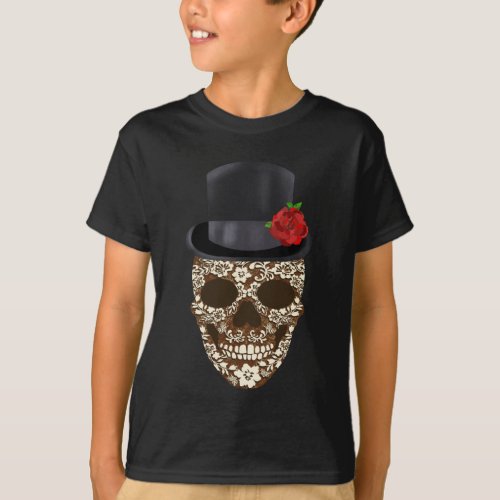 Vintage Sugar Skull Top Hat Red Rose