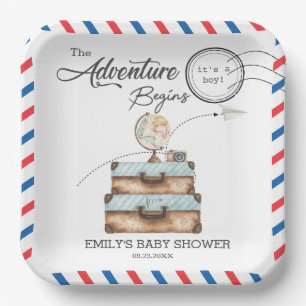 Vintage Suitcase Baby Shower Boy Adventure Postal Paper Plates