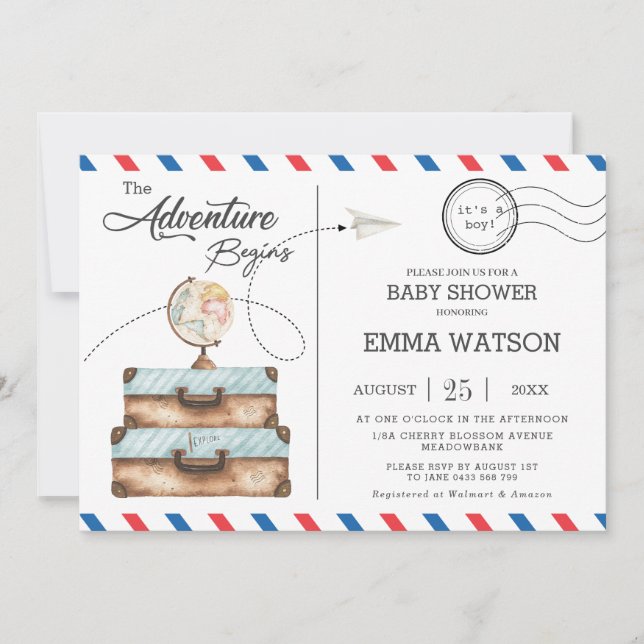 Vintage Suitcase Baby Shower Boy New Adventure Invitation (Front)
