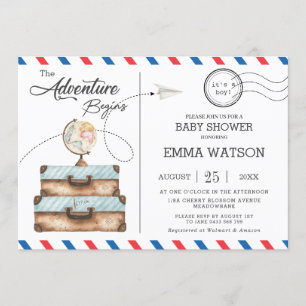Vintage Suitcase Baby Shower Boy New Adventure Invitation