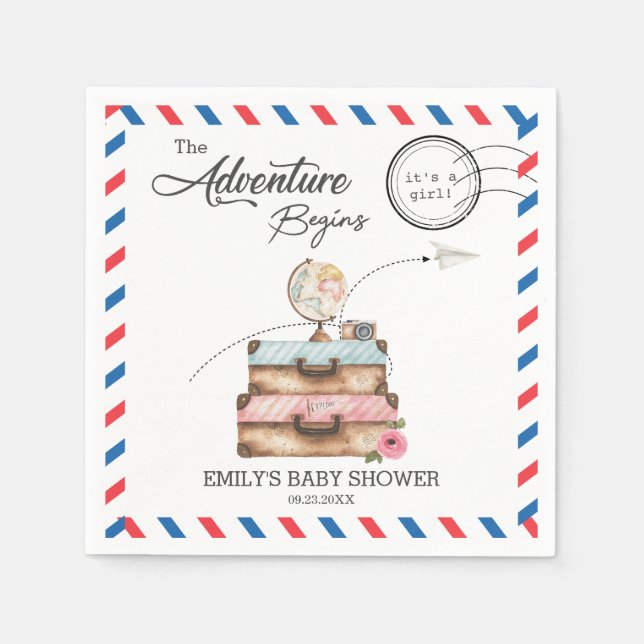 Vintage Suitcase Baby Shower Girl Adventure Postal Napkins (Front)