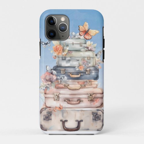 Vintage suitcase stack flowers soft butterflies iPhone 11 pro case