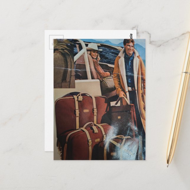 Vintage Suitcases Ad Collage Man and Woman  Postcard (Front/Back In Situ)