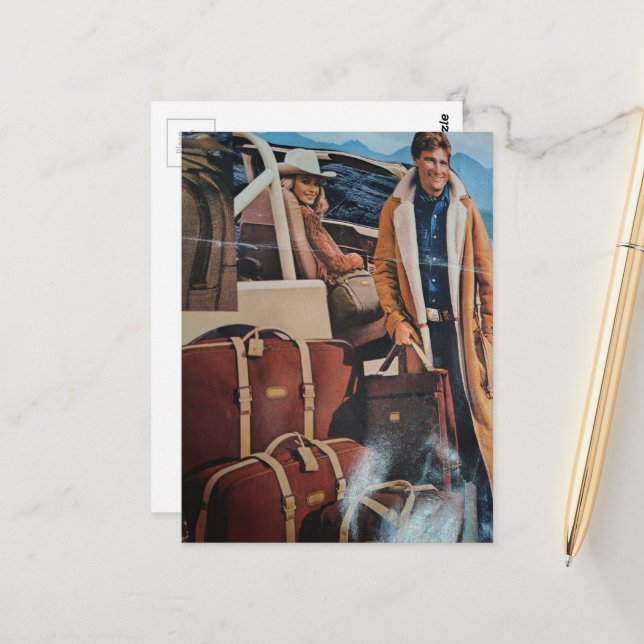 Vintage Suitcases Collage Man and Woman Mountains Postcard (Front/Back In Situ)