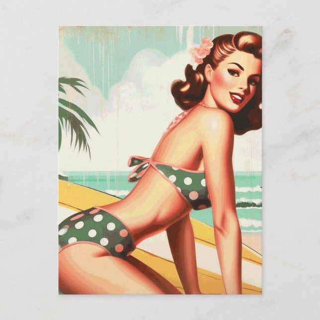 Vintage Summer Beach Pin Up Postcard (Front)
