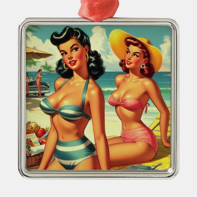 Vintage Summer Beach Pin Ups Metal Ornament (Front)
