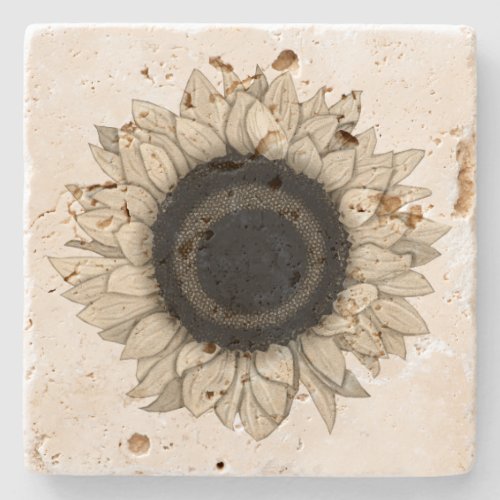 Vintage Summer Bloom Khaki Sunflower Stone Coaster