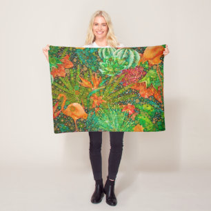 Vintage Summer Flamingo Tropical Garden Floral Fleece Blanket