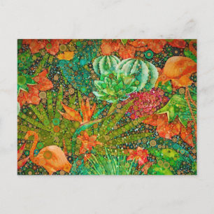 Vintage Summer Flamingo Tropical Garden Floral Postcard