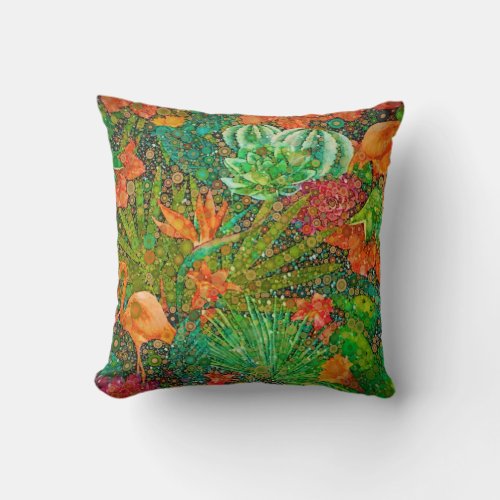 Vintage Summer Flamingo Tropical Garden Floral Throw Pillow