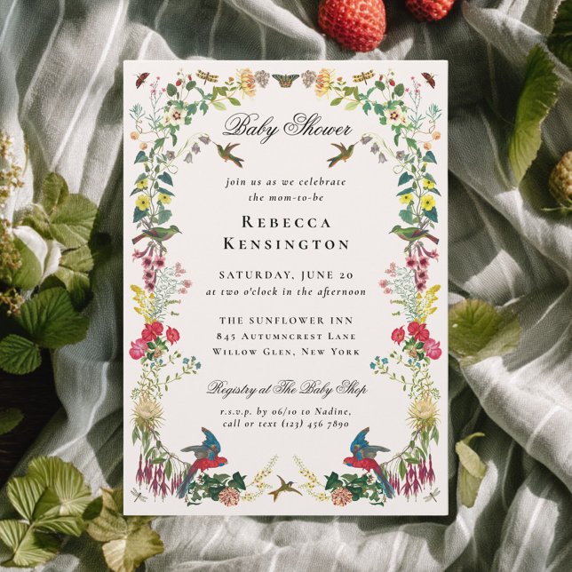 Vintage Summer Garden Floral Baby Shower Invitation (Vintage botanical garden baby shower invitation with a frame of flowers, plants, hummingbirds)