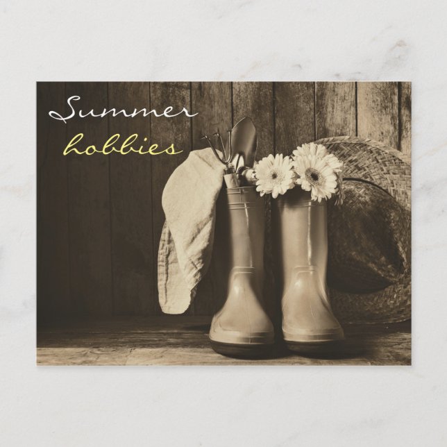 Vintage summer gardening tools postcards (Front)