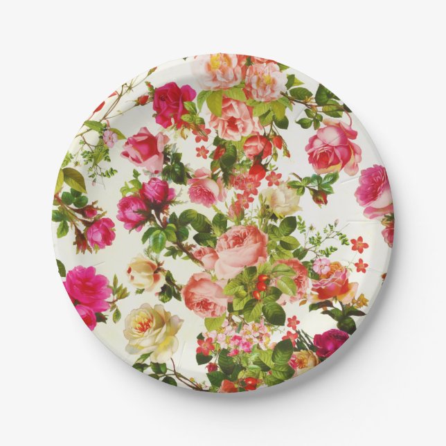 Vintage Summer Pink Rose Peonies Flowers Paper Plates (Front)
