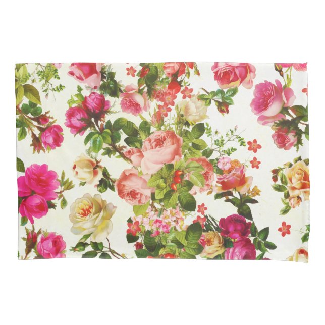 Vintage Summer Pink Rose Peonies Flowers Pillow Case (Front)