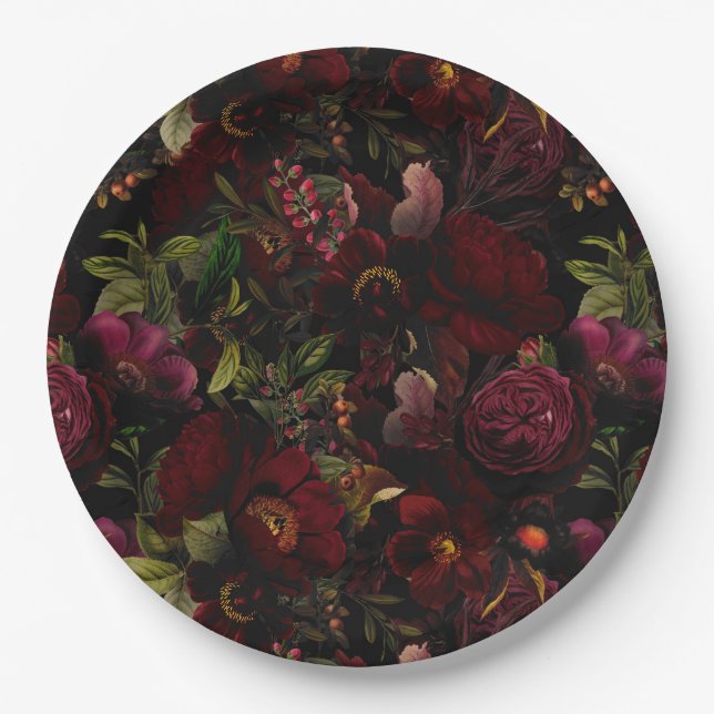 Vintage Summer RomanticismMaximalism Moody Floral Paper Plates (Front)