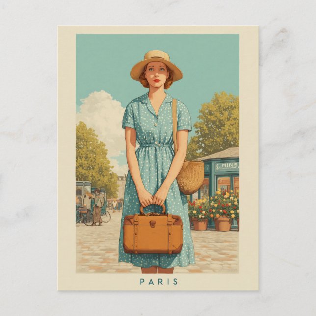 Vintage Summer Stroll in Paris Postcard (Front)