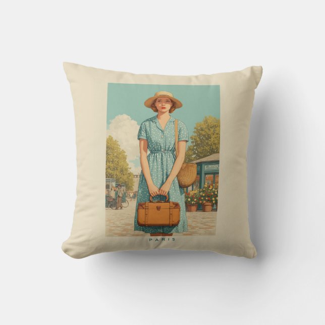 Vintage Summer Stroll in Paris Throw Pillow (Front)