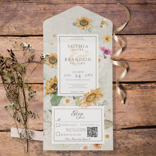 Vintage Summer Sunflower Cream QR Code All In One Invitation