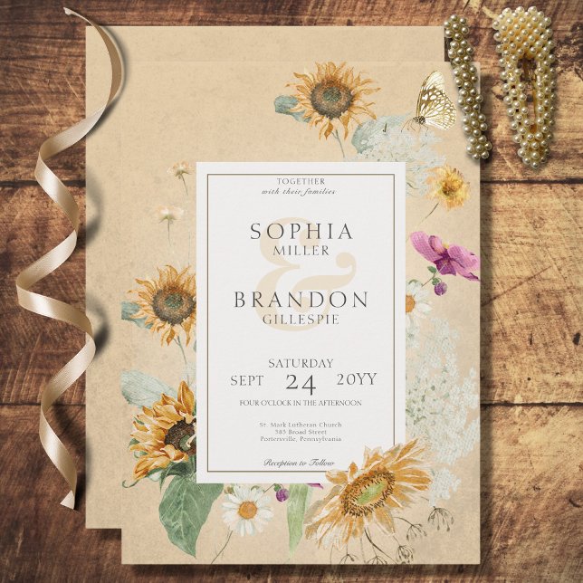 Vintage Summer Sunflower Floral Wedding Invitation (Creator Uploaded)