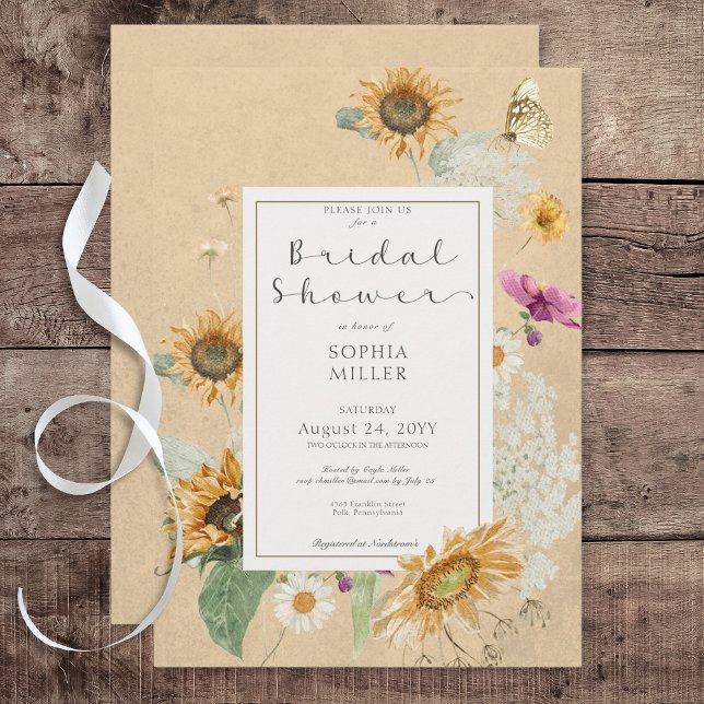 Vintage Summer Sunflower Yellow Bridal Shower Invitation (Vintage Summer Sunflower Floral Yellow Bridal Shower Invitation)