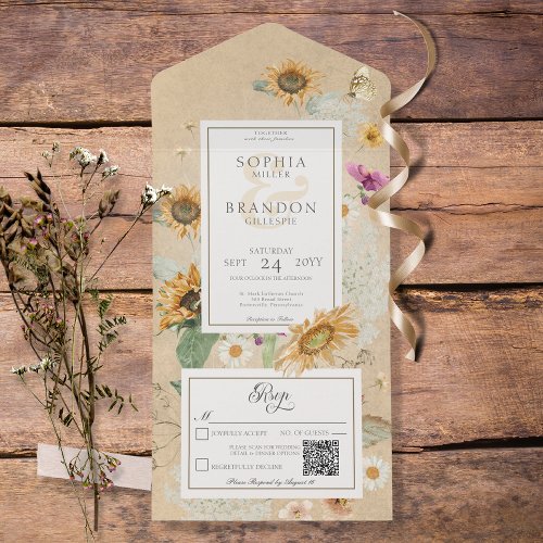 Vintage Summer Sunflower Yellow QR Code All In One Invitation