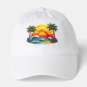 Vintage Summer Sunset Palm Trees Beach Waves Retro Hat