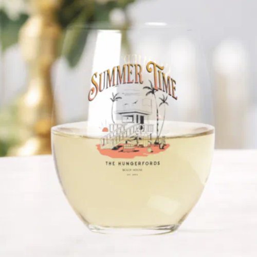 Vintage Summer Time Beach Hut Illustration Stemless Wine Glass