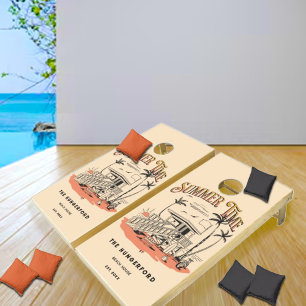 Vintage Summer Time Illustrative Beach Scene Cornhole Set