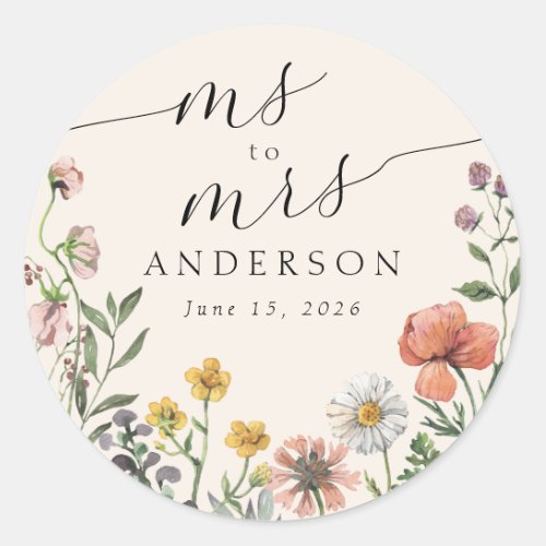 Vintage Summer Wildflower Ms to Mrs Bridal Shower  Classic Round Sticker