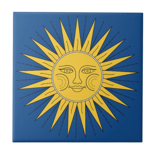 Vintage Sun Illustration on Blue Background Ceramic Tile