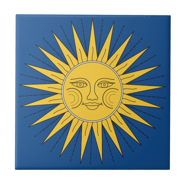 Vintage Sun Illustration on Blue Background Ceramic Tile (Front)