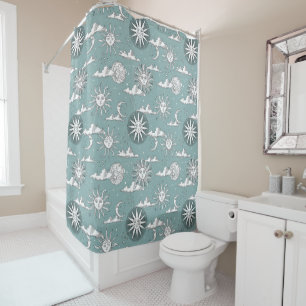 Vintage Sun Moon Celestial Pattern Cascade Blue Shower Curtain