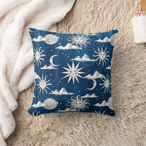 Vintage Sun Moon Celestial Pattern Throw Pillow