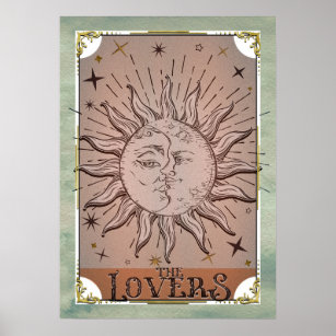 Vintage Sun & Moon Duality Lovers Tarot Card Art  Poster