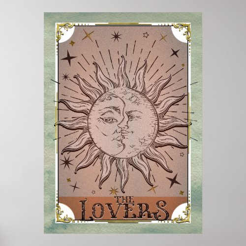 Vintage Sun  Moon Duality Lovers Tarot Card Art  Poster