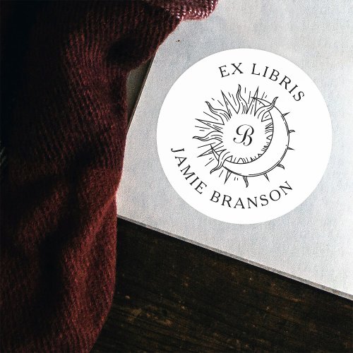 Vintage Sun  Moon Initial Round Ex Libris Book Classic Round Sticker