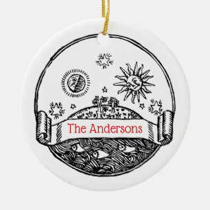 Vintage Sun Moon Stars Ocean Planet Earth Drawing Ceramic Ornament