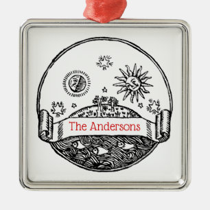 Vintage Sun Moon Stars Ocean Planet Earth Drawing Metal Ornament