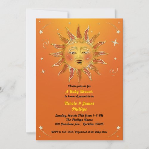 Vintage Sun Orange Yellow Celestial Baby Shower Invitation