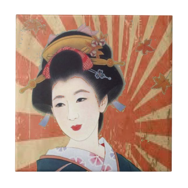 Vintage Sun Rays Japanese Geisha Retro Tile (Front)